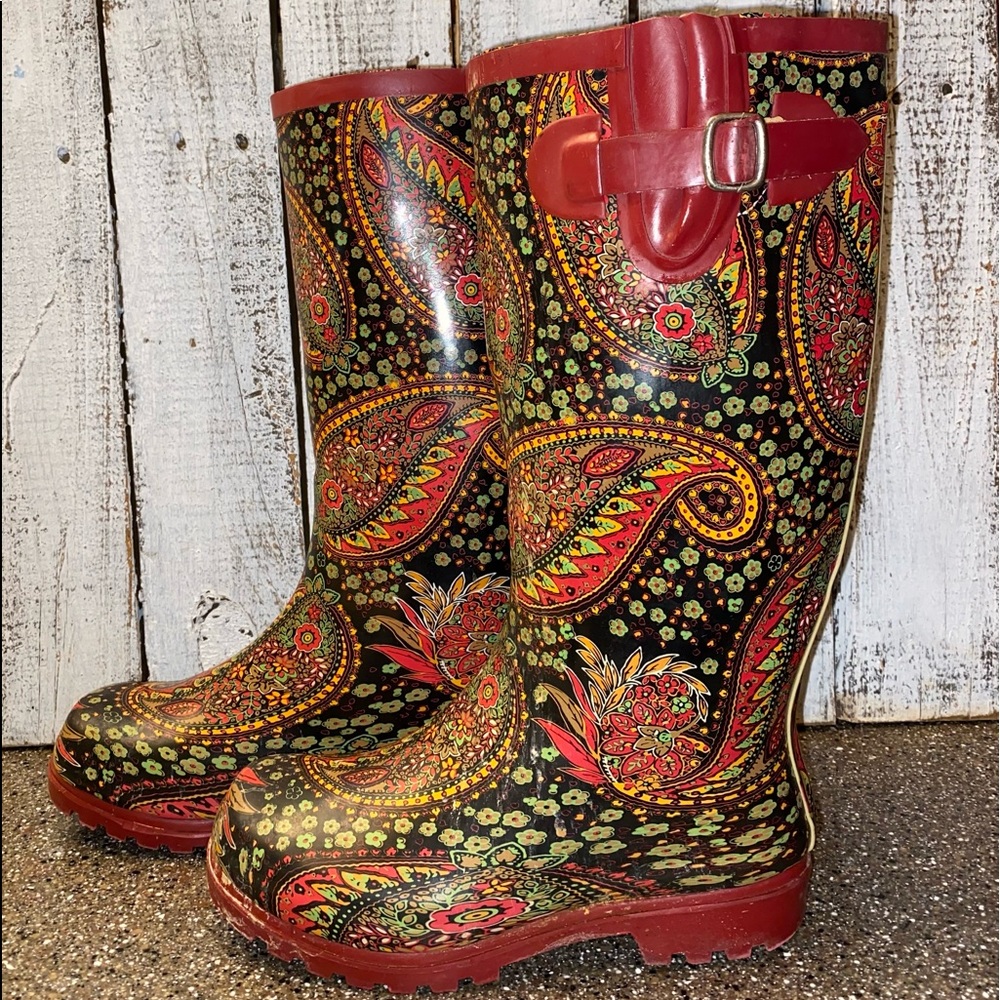 Nomad Puddles Red Paisley Rain Boots